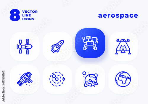 Eight vector line icons for aerospace, space travel, robotics, moons and planets.