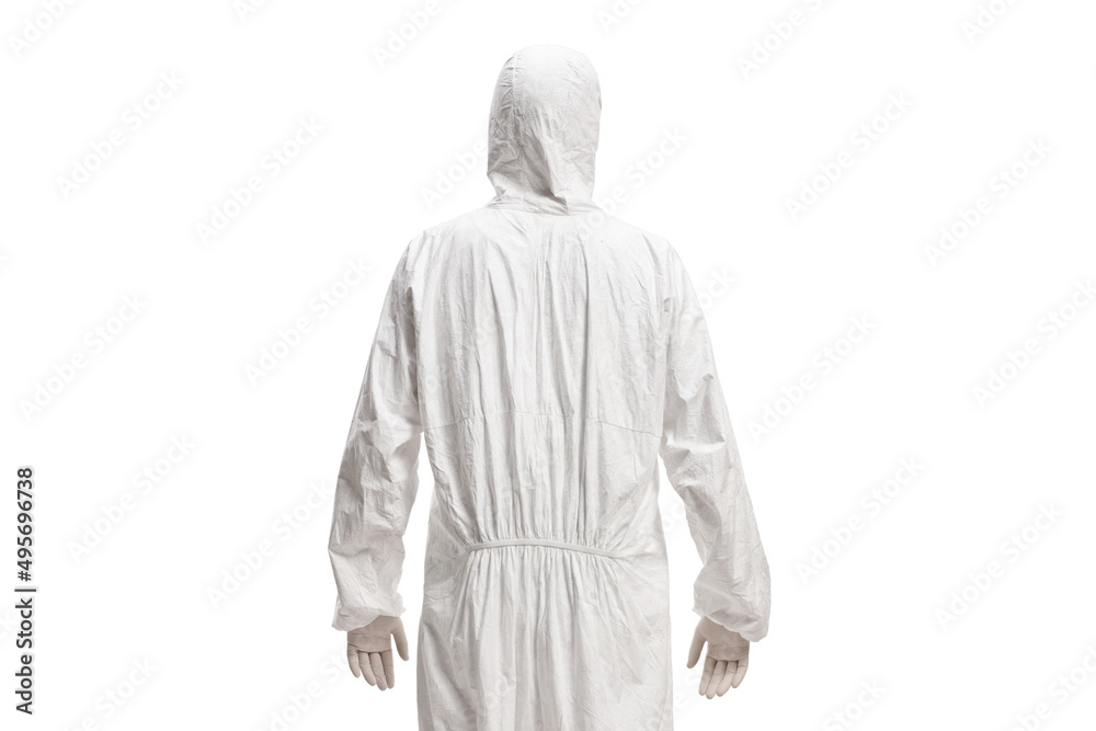 Rear shot of a man in a white decontamination suit