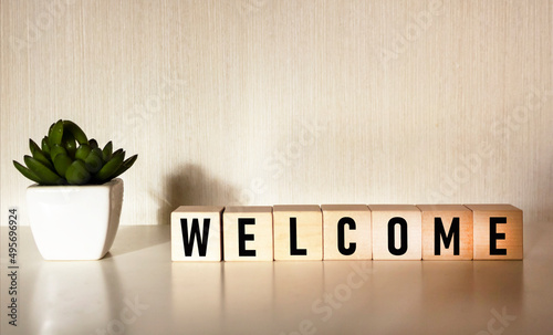 Symbol of welcome and support. Concept welcome on wooden cubes. Beautiful light background with cactus flower, copy space.