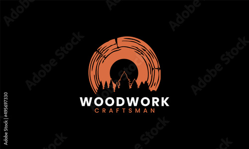 Wood makers carpentry logo design. Carpentry service, sawmill service, woodwork handyman and wood house builder. Simple minimalist icon.
