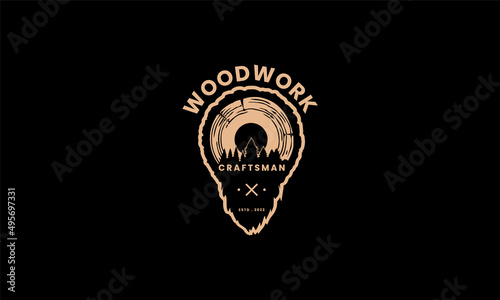 Wood makers carpentry logo design. Carpentry service, sawmill service, woodwork handyman and wood house builder. Simple minimalist icon.