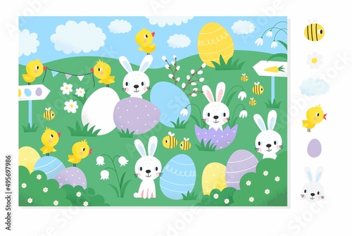 Cute cartoon Happy Easter vector illustrations for kids with bunny, bee, eggs, flowers, clouds, Chick © webmuza