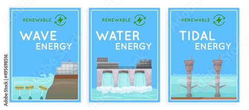 Renewable energy source posters collection. Vector illustration