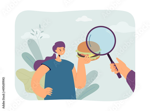 Girl looking at hamburger through magnifier. Frustrated woman checking junk food flat vector illustration. Fast food, health concept for banner, website design or landing web page