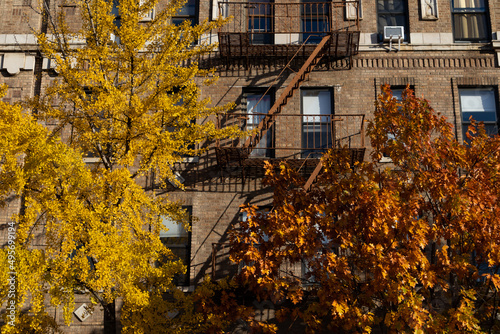 Photography Generic Old Brick Apartment Building with Fire Escapes and Colorful Trees during