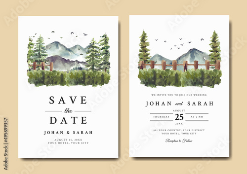 Wedding invitation set of mountain and pine trees watercolor