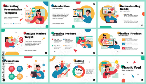 Presentation and slide background template. Template with digital Marketing SEO character illustration. Use in Presentation, flyer and leaflet, corporate report, marketing, advertising, annual report