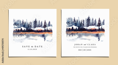 Wedding invitation of winter landscape with pine trees and snow watercolor
