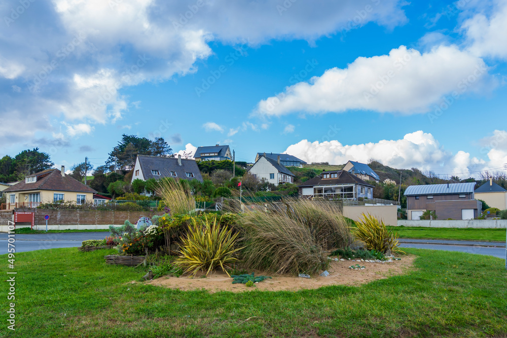 A roundabout in the village of Vierville-sur-mer in Normandy, France