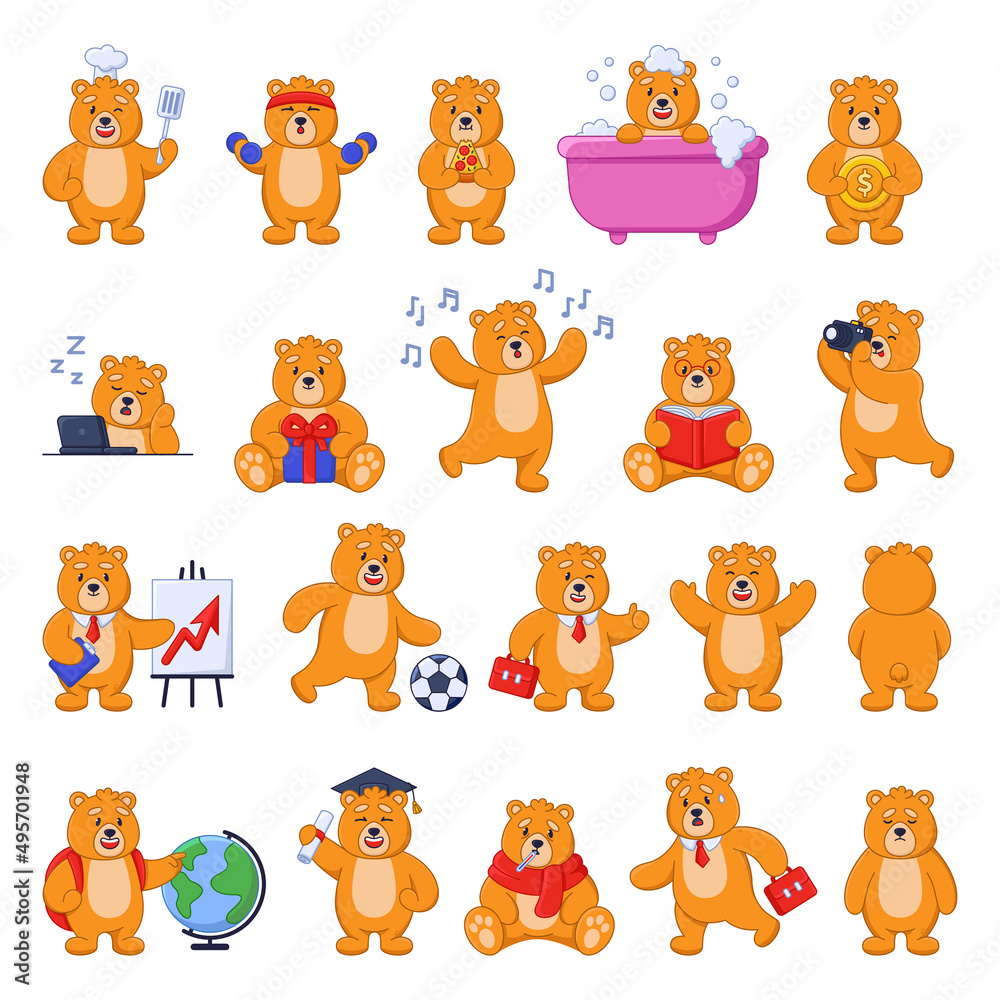 Obraz premium Funny bear cartoon character in different poses sticker set. Cute drawings with friendly orange forest animal, mascot vector illustrations isolated on white background. Wildlife, emotions concept