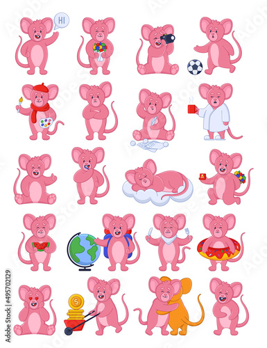 Pink mouse cartoon character in different poses sticker set. Collection of cute drawings with funny mouse, rat mascot vector illustrations isolated on white background. Emotions, animals concept