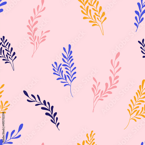 Cute seamless tropical pattern with seaweed, laminaria. Perfect for wallpapers, web page backgrounds, surface textures, textile. Summer surfing vector illustration. © Caramela