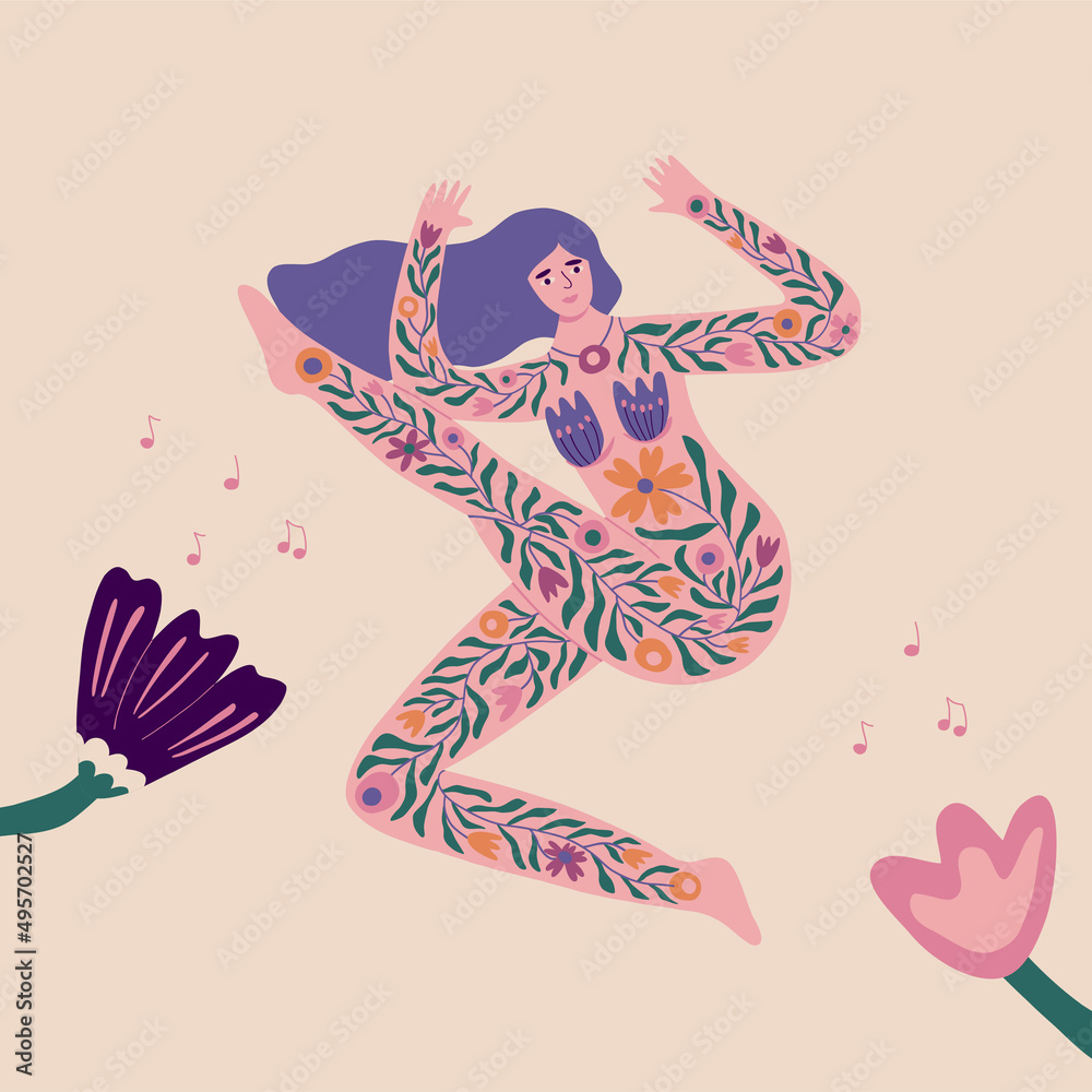 Women power and body positivity concept. Beautiful woman dancing surrounded by spring flowers. Background for International Women's Day. Hand drawn vector illustration.