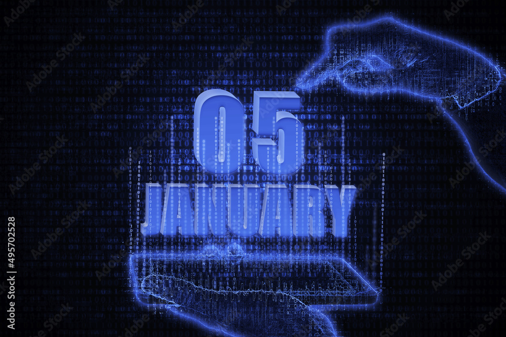 January 5th. A hand holding a phone with a calendar date on a futuristic neon blue background. Day 5 of month. January 5th. A hand holding a phone with a calendar date on a futuristic neon blue background. Day 5 of month.