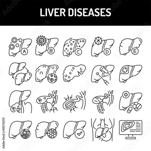 Liver diseases line icons set. Isolated vector element.