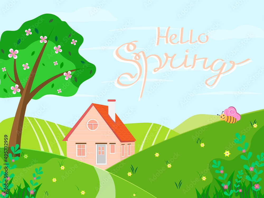 Hello spring. Spring landscape with tree, flowers, house. Seasonal countryside landscape. Vector illustration in flat style