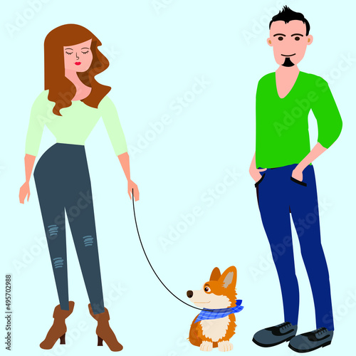 Vector of a lovely couple with a dog on a blue background