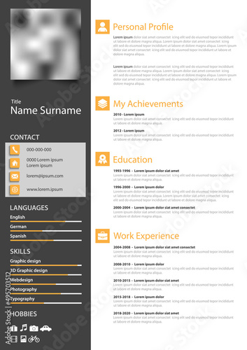 Professional personal resume cv with orange gray white design template