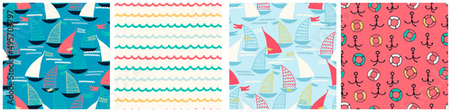 Seamless patterns set with hand drawn sailing boats and waves on dark background for surface design and other design projects. Sailing and fishing concept