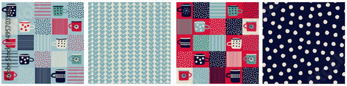 Seamless patterns set, patchwork with hand drawn cups, polka dot, waves in rustic Scandinavian hygge style for surface design and other design projects