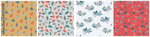 Seamless patterns set with snowy houses, fir tree branches, frozen leaves, berries on gray-blue background. Winter holiday, nature concept