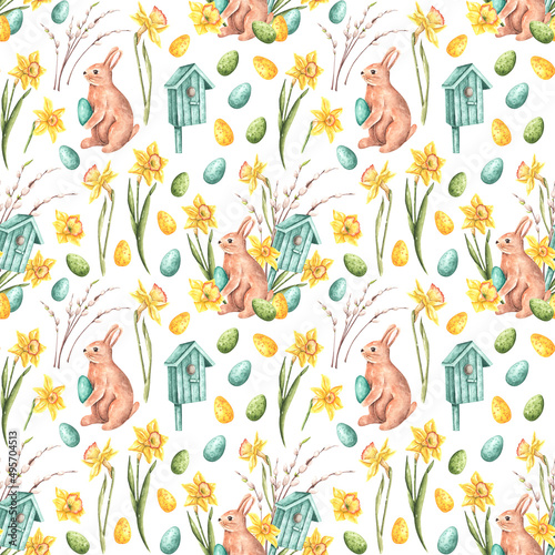 Easter bunny seamless pattern. Happy Easter pattern. Daffodils, Easter eggs, birdhouse. Easter watercolor illustration. Spring. Religion. For printing on wrapping paper, textiles, fabrics. Hand drawn.