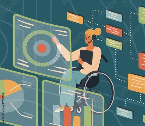 Woman in wheelchair works with virtual reality screens. Female engineer and data analytic. Diversity and Break the science bias concept vector illustration. Women in tech. Innovative technologies