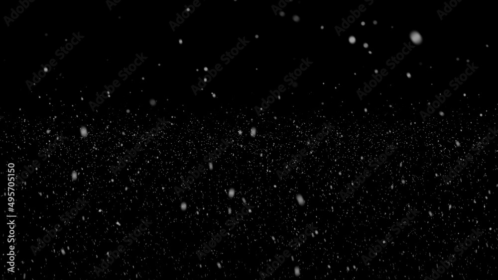 falling snowflakes on black background. Falling real snowflakes shot on black background, matte, wide angle, animation with start and end, isolated. Flying dust particles on a black background.	

