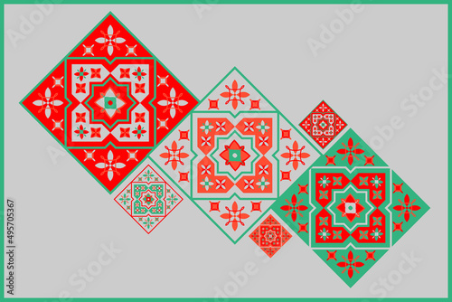 Morocco tiles background textures. Decorative colored ceramic tile. Colorful design. Set of seamless vector patterns. Red folk ethnic ornaments for print, web background, surface texture, towels…