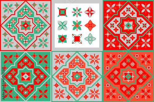 Morocco tiles background textures. Decorative colored ceramic tile. Colorful design. Set of seamless vector patterns. Red folk ethnic ornaments for print, web background, surface texture, towels…