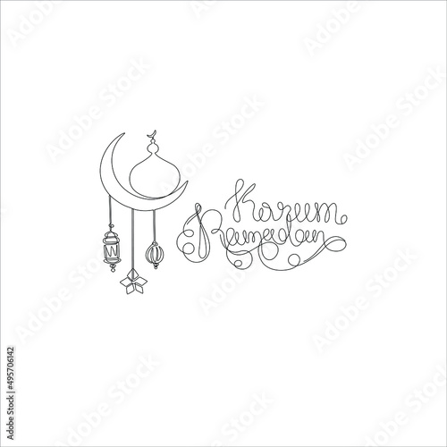 Ramadan inscription, islamic design crescent moon and mosque silhouette, continuous line drawing, small tattoo, print for clothes and logo design, emblem or logo design, isolated vector illustration.