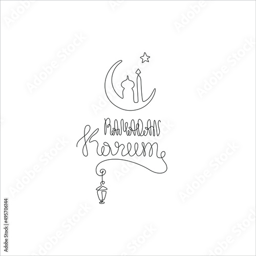 Ramadan Kareem islamic design crescent moon and mosque dome silhouette, continuous line drawing, small tattoo, print for clothes and logo design, emblem or logo design, isolated vector illustration.