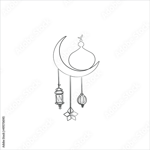 Ramadan Kareem islamic design crescent moon and mosque dome silhouette, continuous line drawing, small tattoo, print for clothes and logo design, emblem or logo design, isolated vector illustration.