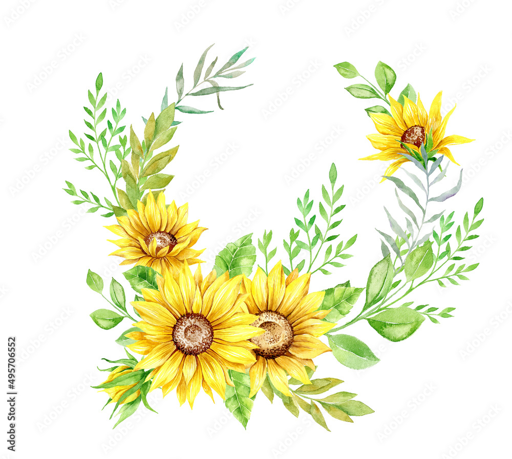Watercolor Sunflower Frame, Floral Frame on white background, Botanical ...