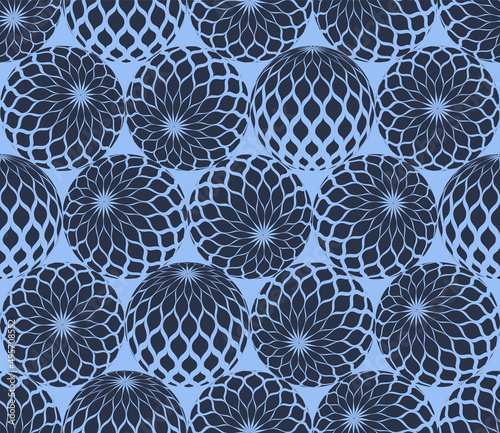 Scale Patterned Balls In Different Positions Psychedelic Art Seamless Abstract Vector Blue Background. Freaky Acid Trip Crazy Continuous Wallpaper. Weird Spheres Hypnotic Abstraction Illustration