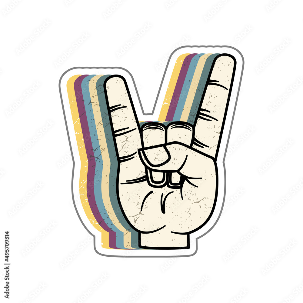 Retro style hand illustration design for stickers. Rock and roll sign symbol with metal music hand gesture. Retro style hand illustration design for stickers. Rock and roll sign symbol with metal music hand gesture.