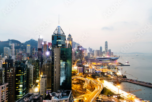 Canvas Print Modern buildings at dusk in Hong Kong