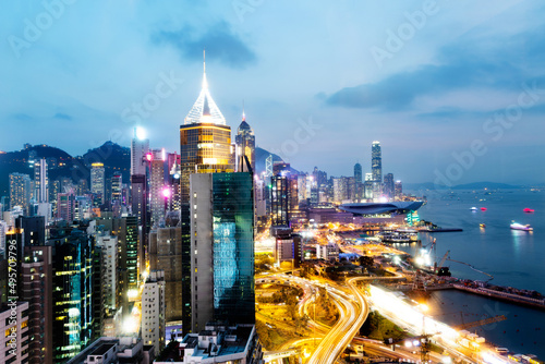 Photography Modern buildings at night in Hong Kong