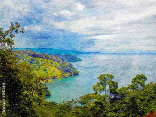 Watercolor and pastel drawing nature landscape, tropical travel and touristic place, Seychelles island vacation, trend print for poster, textile or canvas. Modern fine arts design wallpaper. Wall art