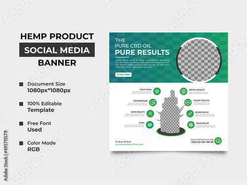 smart cbd hemp product social media banner template design with one image placement, smart green gradient is used in the design. web banner standard, it can use in the social media, eps 10 version.