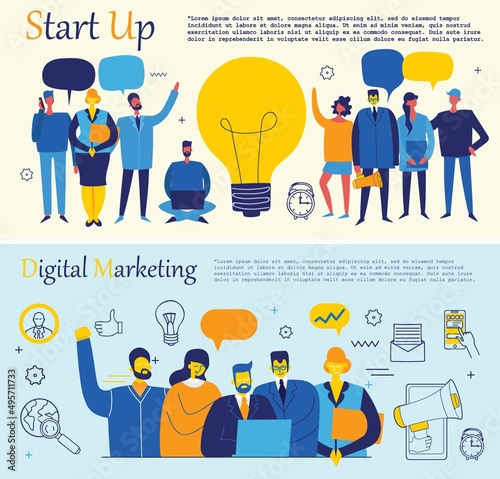 Business startup work moments flat banner. New ideas, search for investor, increased profits. Vector illustration of a business situation.