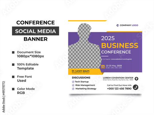 creative business conference social media post, this template can be used as web banner. An image can place in the design, professional eye-catchy color used. Vector square, eps 10 version, organized.