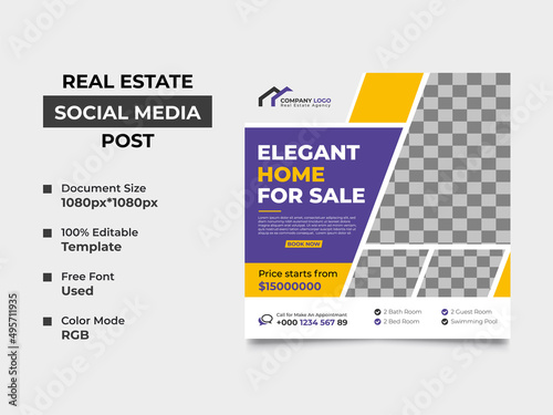 creative real estate agency social media post template design with four image placement, awesome color used in the shapes. eye-catchy, editable, professional design. vector square banner, eps 10