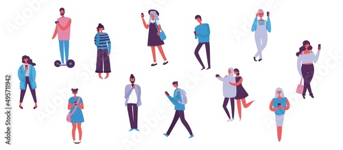 People with smartphones flat vector illustrations set. Different emotions, reaction to information concept. Men and women with mobile phones cartoon characters isolated