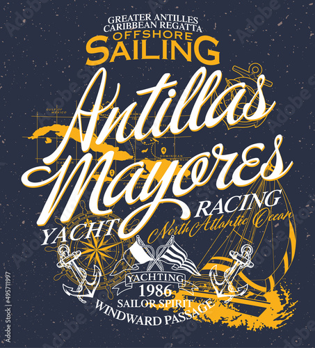 Caribbean offshore yacht racing sailing regatta vector print for boy t shirt 
