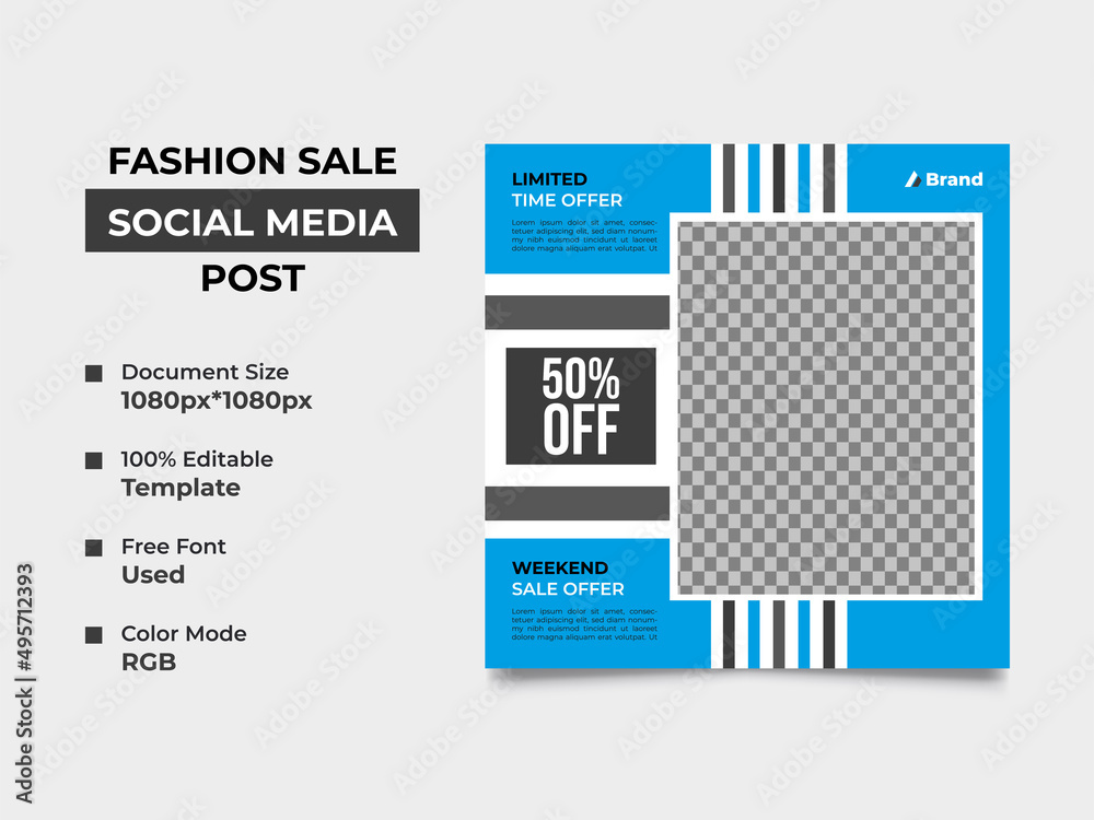Naklejka premium fashion sale social media banner template design with an image placement, two basic color used in the design. Eye catchy, fully editable, organized square template. vector eps 10 version