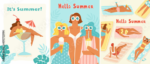 Set of three summer cards or banner designs. Vector illustration of people enjoying their summer vacation on the beach. Trendy retro style.