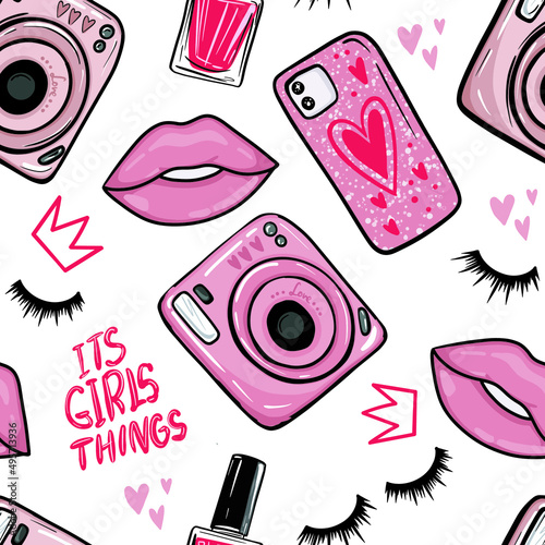 Girls fashion pattern. Hand drawn girlish pink background with photo camera, ...