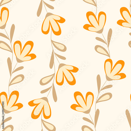 Seamless floral pattern based on traditional folk art ornaments. Colorful flowers on light background. Scandinavian style. Sweden nordic style. Vector illustration. Simple minimalistic pattern