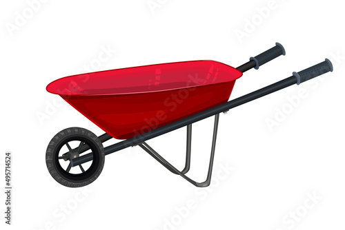 Wheelbarrow isolated on white background. Garden wheelbarrow icon. Cartoon red barrow side view. Handcart with wheel. Empty wheelbarrow with handles. Farm gardening tool for carriage of cargoes.Vector
